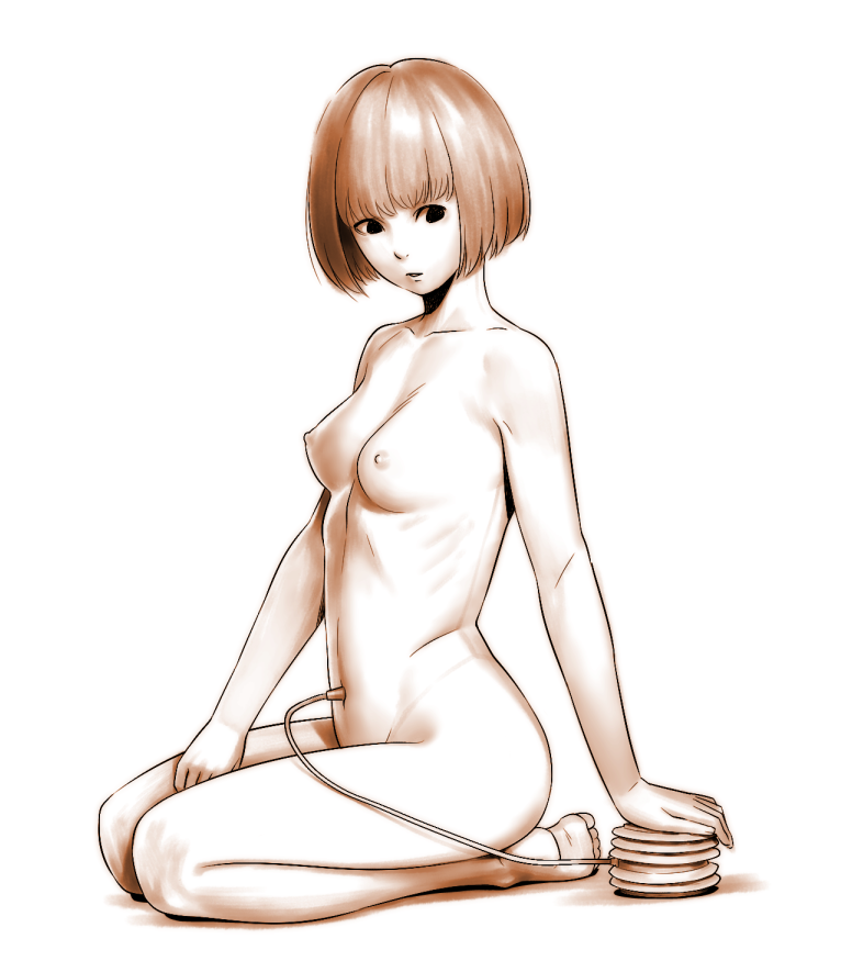breasts medium_breasts monochrome navel nipples nude original pump ragetsu seiza short_hair sitting solo