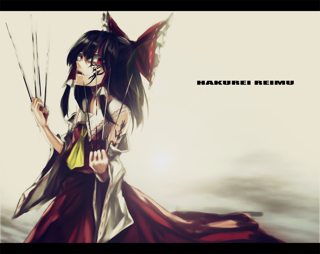 ascot bad_id bad_pixiv_id bare_shoulders between_fingers black_hair bow crazy_smile detached_sleeves dress dual_wielding facial_tattoo hair_bow hair_tubes hakurei_reimu holding holding_needle lastdark letterboxed long_sleeves looking_at_viewer looking_back needle open_mouth red_dress red_eyes solo tattoo throwing_needles touhou wide_sleeves