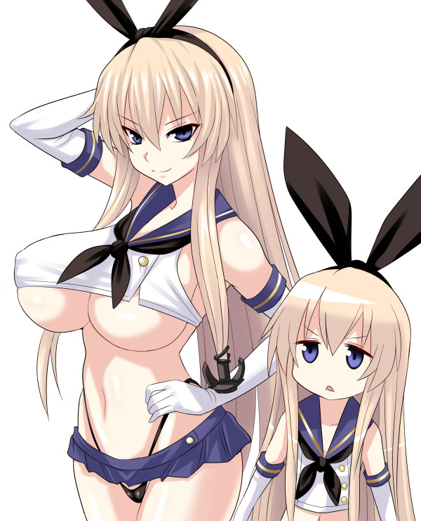 anchor black_panties blonde_hair blush breasts dual_persona gloves hair_ornament hairband hand_on_hip kantai_collection konno_tohiro large_breasts long_hair multiple_girls older open_mouth panties personification purple_eyes school_uniform shimakaze_(kantai_collection) shiny shiny_skin skirt underboob underwear white_gloves