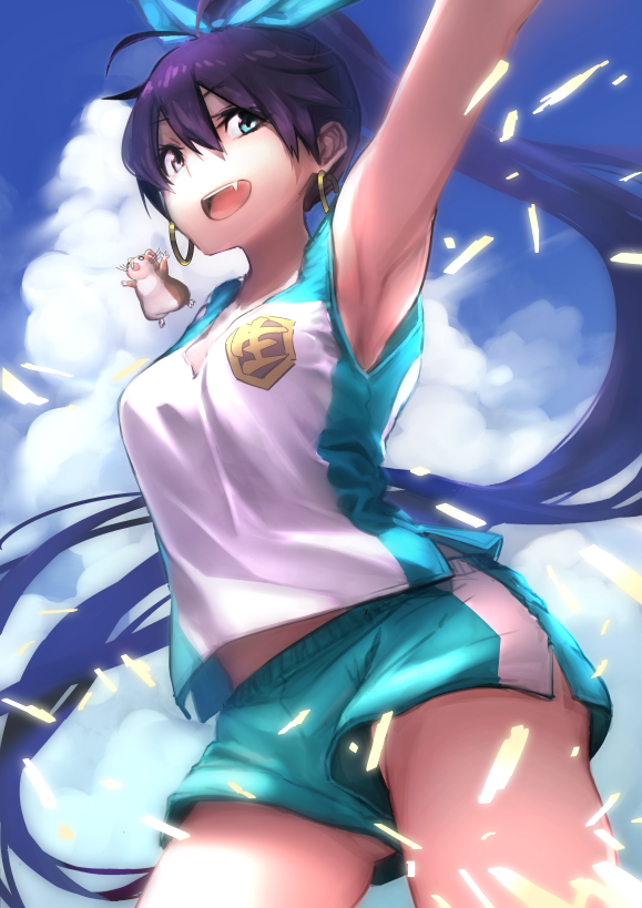 animal bad_id bad_pixiv_id black_hair blue_eyes cloud day earrings fang ganaha_hibiki hamster hamuzou idolmaster idolmaster_(classic) jewelry long_hair ponytail ribbon sky smile solo sui5