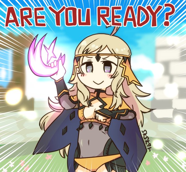 ahoge artist_name blonde_hair blue_sky cape center_opening circlet closed_mouth commentary_request covered_navel fire_emblem fire_emblem_heroes fire_emblem_if grey_eyes long_hair ophelia_(fire_emblem_if) sksk7r sky smile solo