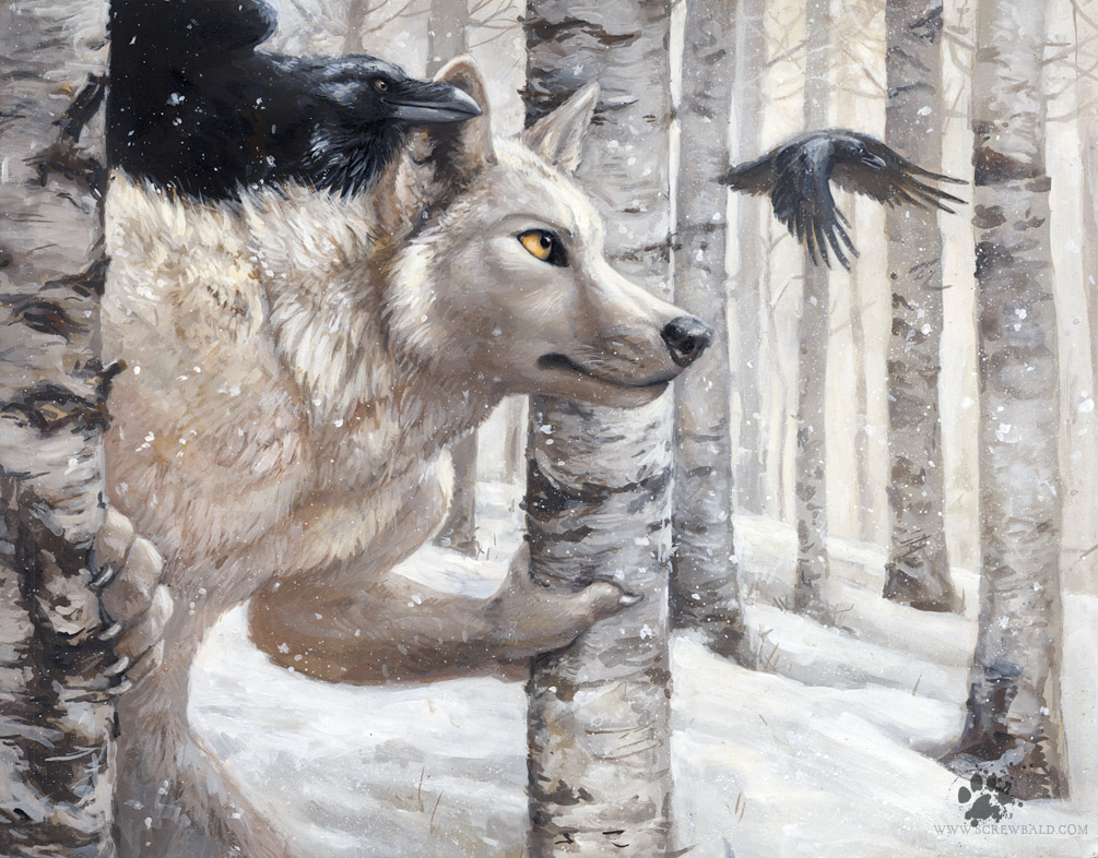 anthro avian beak birds black_body black_nose blotch canine claws feathers forest fur grey_fur invalid_color male mammal nude pose raven realistic snow snowing solo standing tree white_theme wolf yellow_eyes