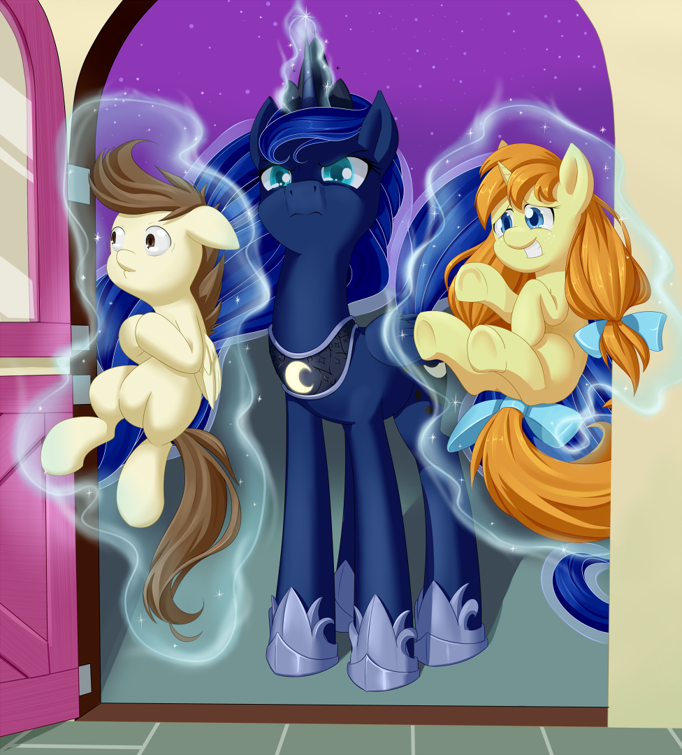 blue_eyes bow brown_hair crown door dstears equine female feral friendship_is_magic fur glowing glwoing group hair horn horse long_hair looking_at_viewer magic male mammal my_little_pony night open_mouth outside pegasus pony pound_cake_(mlp) princess_luna_(mlp) pumpkin_cake_(mlp) royalty smile stars unicorn winged_unicorn wings young