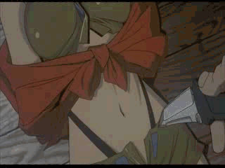 1boy 1girl animated animated_gif breasts cowboy_bebop faye_valentine knife large_breasts lipstick lowres makeup restrained short_hair undressing