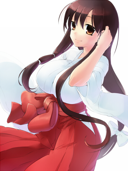breasts brown_eyes brown_hair iwato_kasumi japanese_clothes large_breasts miko ruchi saki solo
