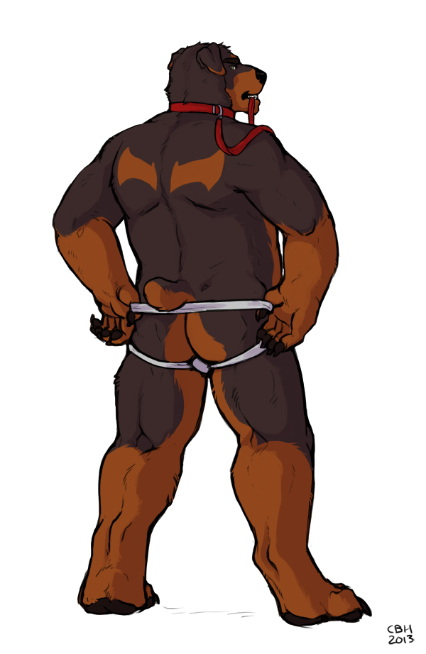anthro back_turned big_muscles bigmaster butt canine cbh collar dog jockstrap leash looking_at_viewer looking_back male mammal muscles nevarrio rottweiler solo standing topless underwear