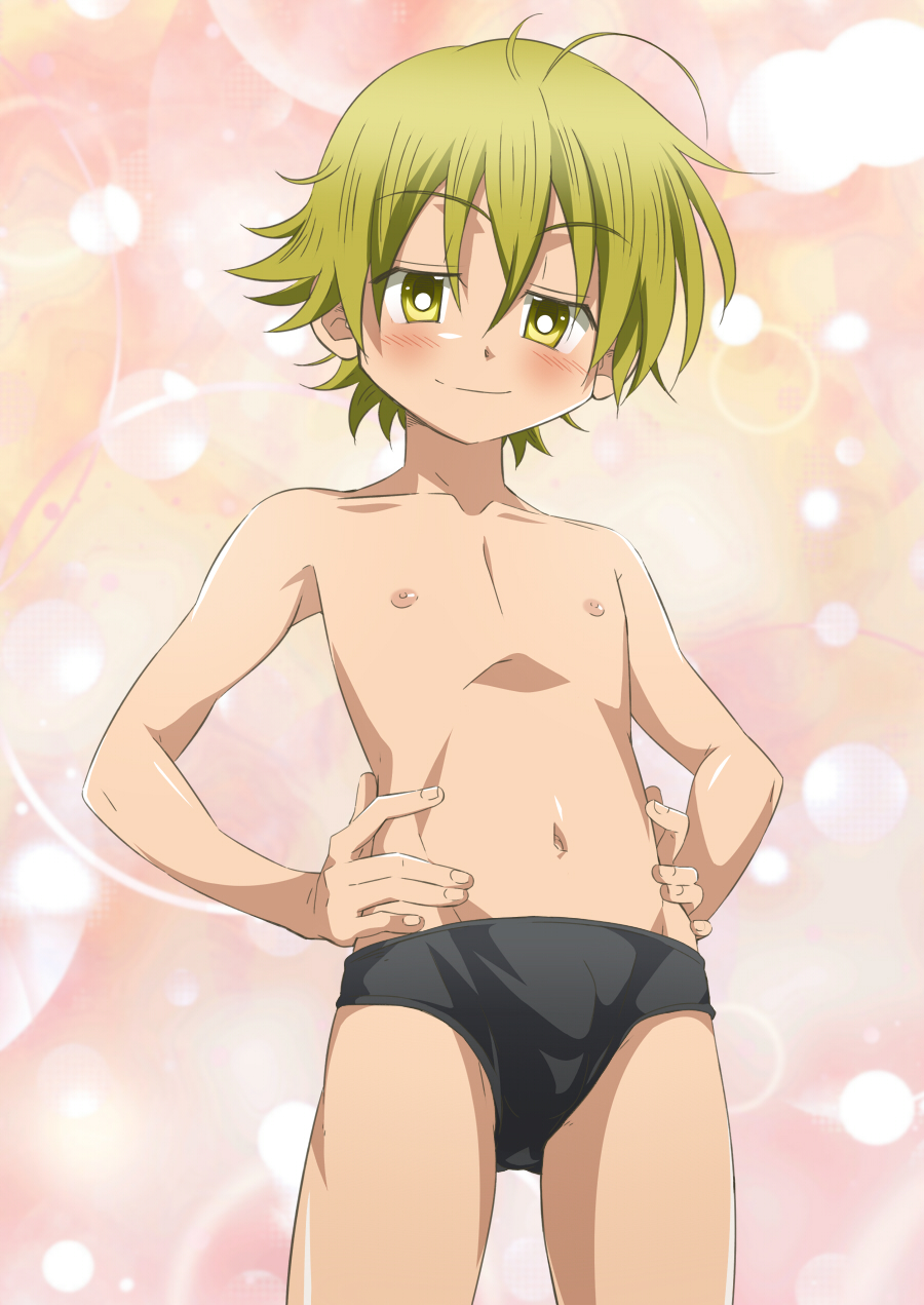 1boy blonde_hair blush briefs bulge child kiriya_gymno male male_focus moriumi_tomo school_boys! solo speedo standing swim_briefs underwear yellow_eyes