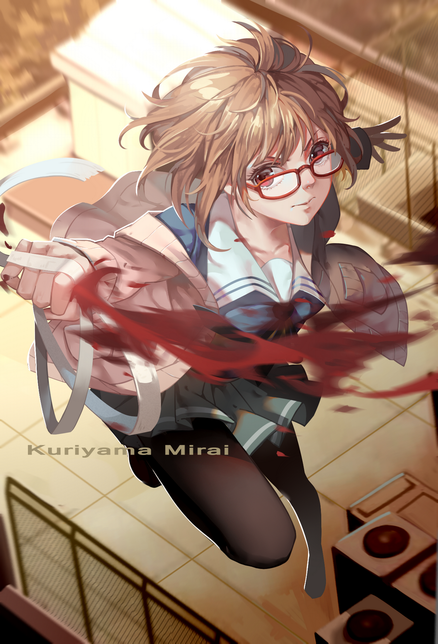 3: aqua_skirt bandages bangs black_legwear blonde_hair blood brown_eyes cardigan chain-link_fence character_name clenched_hand fence foreshortening from_above frown full_body glasses hemokinesis highres jumping kuriyama_mirai kyoukai_no_kanata light_brown_hair lightofheaven long_sleeves looking_at_viewer off_shoulder open_cardigan open_clothes outdoors outstretched_arm pantyhose pleated_skirt red-framed_eyewear rooftop school_uniform serafuku serious short_hair skirt solo sweater sword weapon