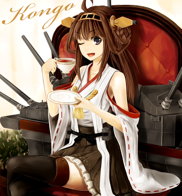 :d bare_shoulders boots brown_hair character_name cup detached_sleeves double_bun hair_ornament hairband headgear hebinuma japanese_clothes kantai_collection kongou_(kantai_collection) long_hair looking_at_viewer nontraditional_miko one_eye_closed open_mouth pleated_skirt ribbon-trimmed_sleeves ribbon_trim saucer sitting skirt smile solo teacup thigh_boots thighhighs