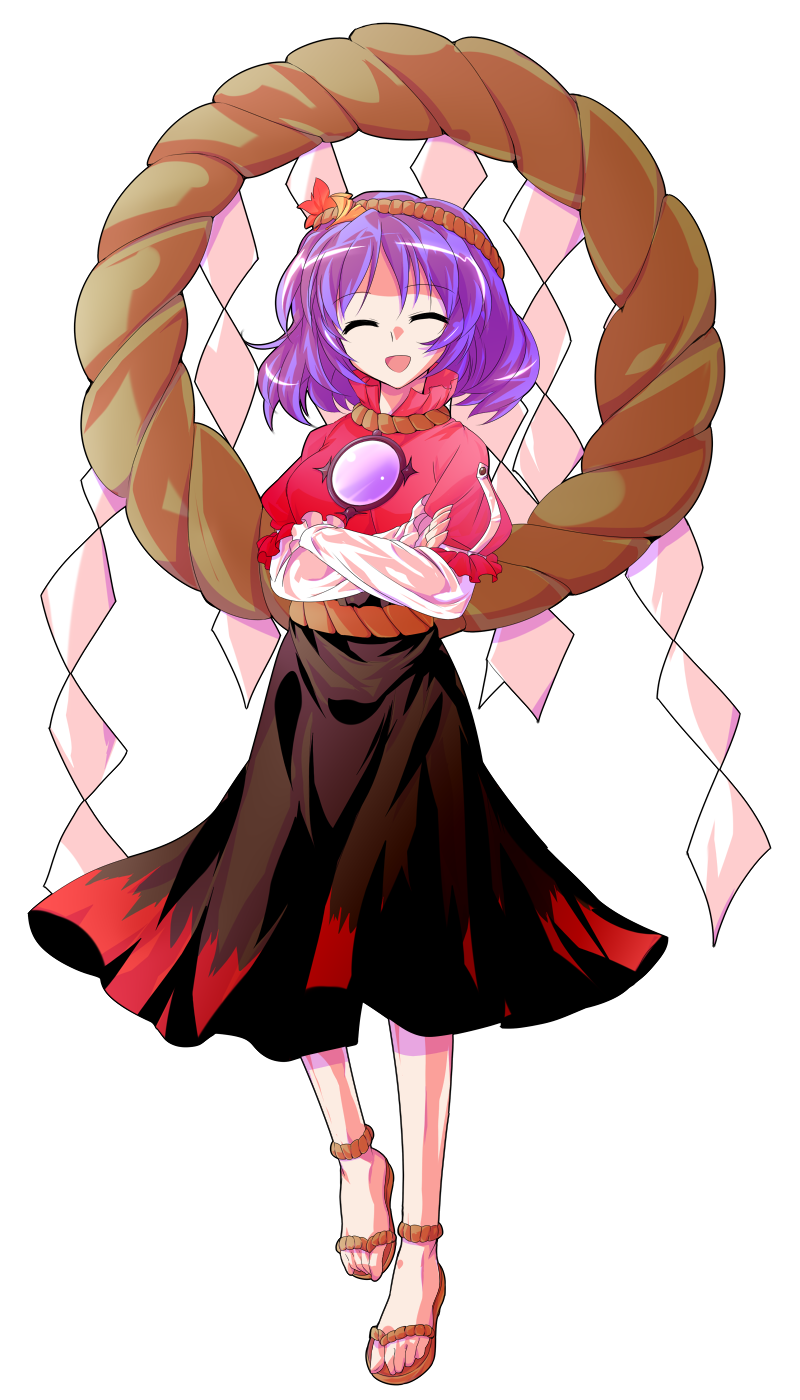 alphes_(style) anklet closed_eyes crossed_arms dairi full_body hair_ornament highres jewelry long_sleeves mirror open_mouth parody purple_hair rope sandals shimenawa shirt short_over_long_sleeves short_sleeves skirt smile solo style_parody touhou transparent_background yasaka_kanako
