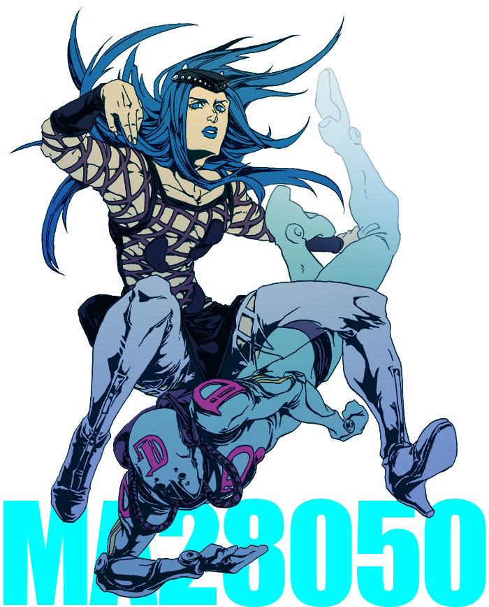 blue_eyes blue_hair blue_lipstick boots diver_down_(stand) hat jojo_no_kimyou_na_bouken lipstick long_hair makeup mine_(odasol) multiple_boys narciso_anasui stand_(jojo) stone_ocean thigh_boots thighhighs