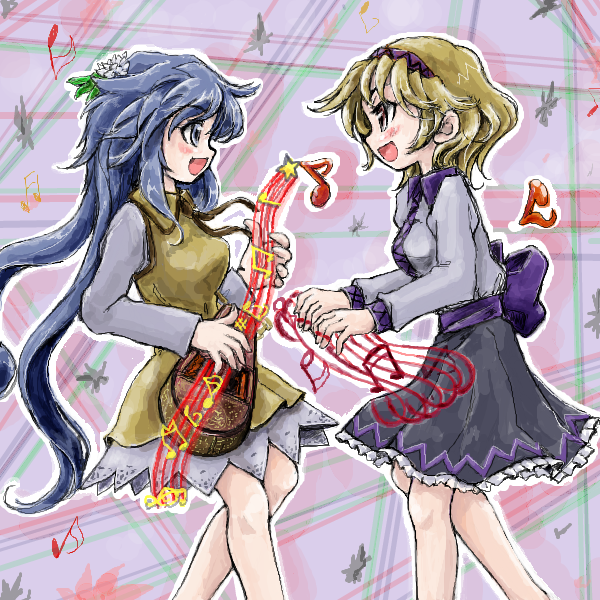 bare_legs biwa_lute blonde_hair blue_eyes blue_hair bow breasts brown_eyes dress eye_contact flower hair_flower hair_ornament headband instrument layered_dress light_brown_hair long_hair long_sleeves looking_at_another lute_(instrument) medium_breasts multiple_girls music musical_note nanashii_(soregasisan) open_mouth playing_instrument profile purple_background ribbon siblings sisters staff_(music) striped striped_background touhou tsukumo_benben tsukumo_yatsuhashi