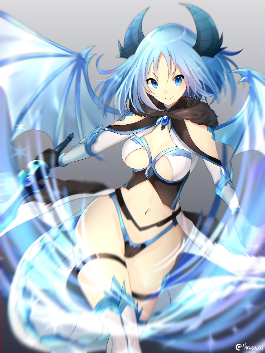 bad_anatomy bikini blue_eyes blue_hair breasts brooch cleavage dragon_girl dragon_horns dragon_tail dragon_wings grey_background holding holding_sword holding_weapon horns jewelry looking_at_viewer medium_breasts medium_hair meliusiana navel sennen_sensou_aigis smile standing swimsuit sword tail thigh_strap thighhighs thousa_01 twitter_username weapon wings