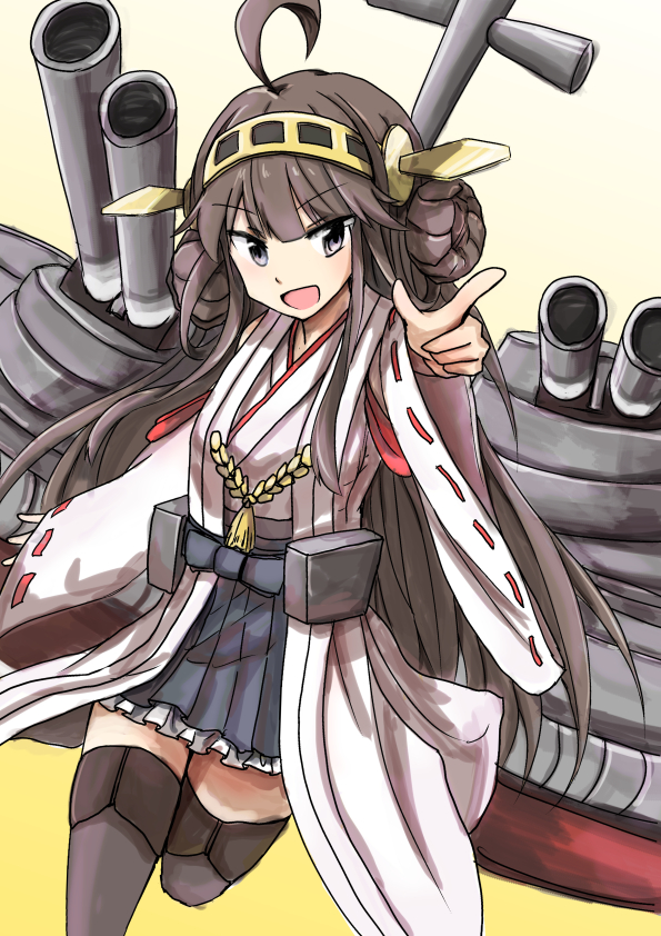 :d bare_shoulders brown_hair detached_sleeves double_bun hair_ornament hairband headgear japanese_clothes kantai_collection kongou_(kantai_collection) long_hair looking_at_viewer nontraditional_miko open_mouth pleated_skirt raikou_(gotaishu) ribbon-trimmed_sleeves ribbon_trim sitting skirt smile solo