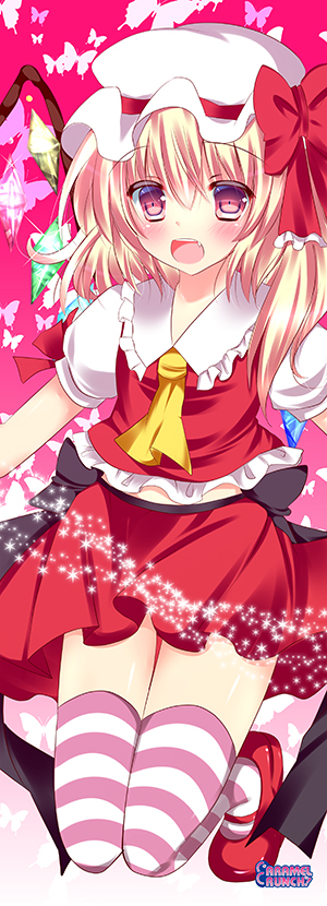 ascot bad_id bad_pixiv_id belly_peek blonde_hair blush bug butterfly flandre_scarlet hat hat_ribbon insect mob_cap open_mouth pink_eyes puffy_sleeves red_footwear ribbon rikatan sash shirt shoes short_sleeves side_ponytail skirt smile solo striped striped_legwear thighhighs touhou vest wings zettai_ryouiki