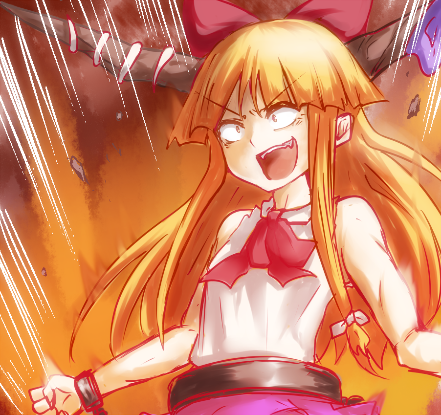 bare_shoulders bow chain cuffs hair_bow horn_ribbon horns ibuki_suika long_hair open_mouth orange_hair outstretched_arms ribbon shackles shirt sidelocks sleeveless sleeveless_shirt smile solo takorice touhou upper_body