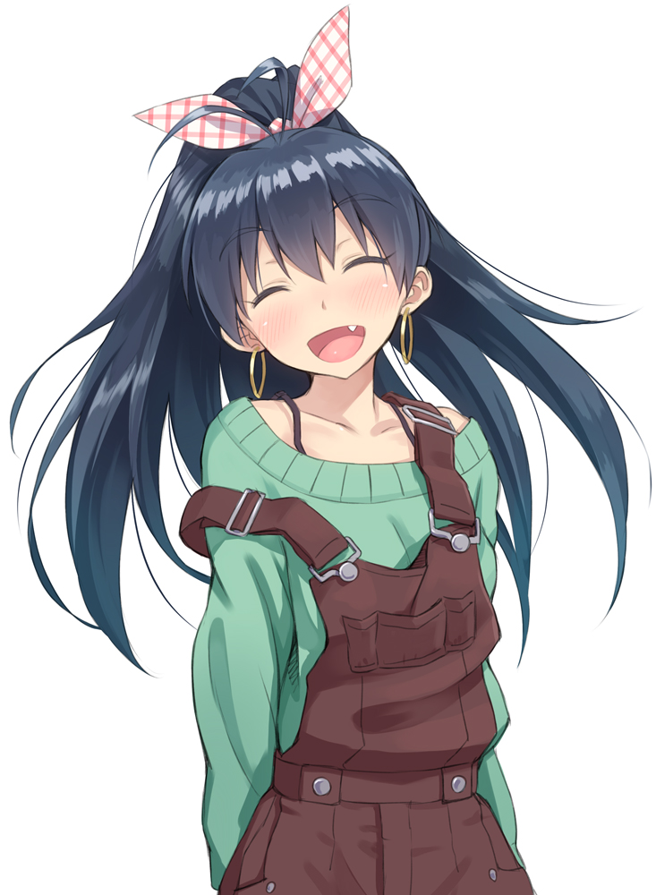 :d ^_^ antenna_hair black_hair blush casual closed_eyes earrings fang ganaha_hibiki hair_ribbon idolmaster idolmaster_(classic) jewelry long_hair mofu open_mouth overalls ponytail ribbon simple_background smile solo strap_slip sweater white_background wide_ponytail