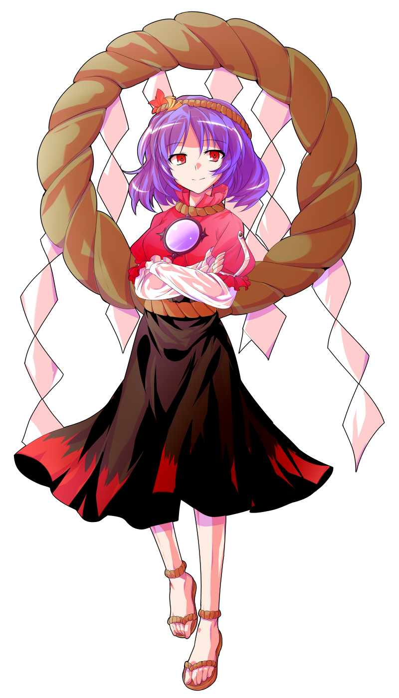 alphes_(style) anklet crossed_arms dairi full_body hair_ornament highres jewelry long_sleeves looking_at_viewer mirror parody purple_hair red_eyes rope sandals shimenawa shirt short_over_long_sleeves short_sleeves skirt smile solo style_parody touhou transparent_background yasaka_kanako