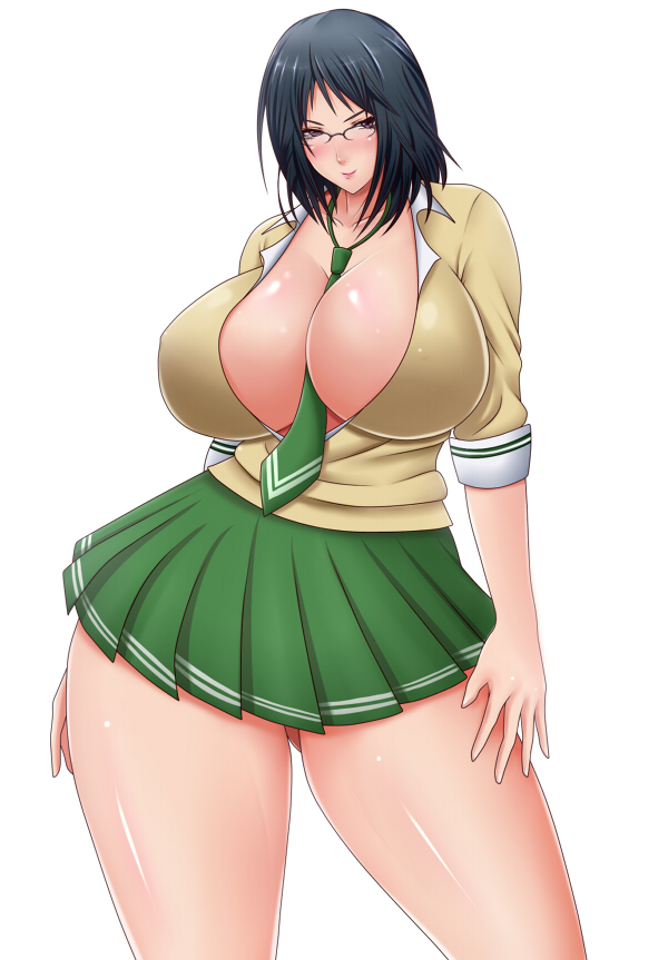 1girl black_hair breasts bursting_breasts cleavage glasses huge_breasts necktie saogokushi school_uniform skirt solo thick_thighs thighs