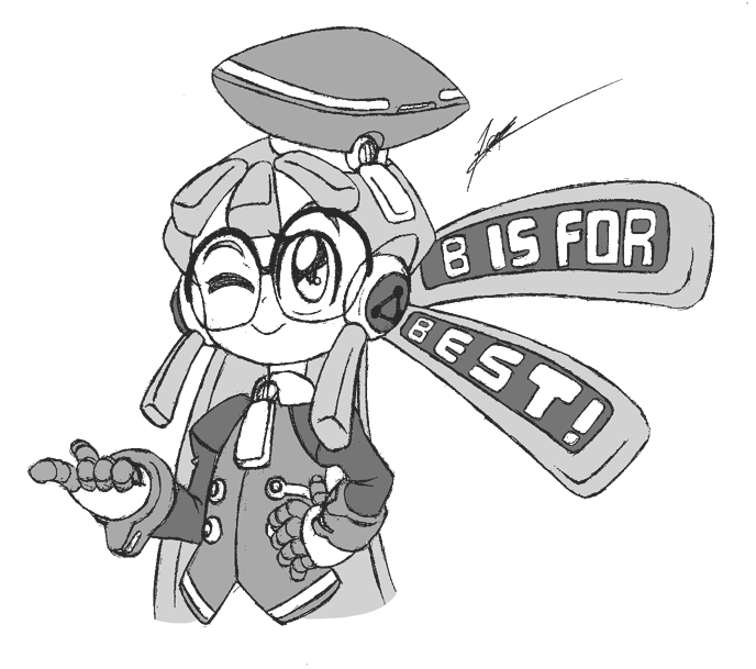 1girl beret call_(mighty_no._9) call_b duodynamo flat_chest glasses hat long_hair mighty_no._9 monochrome pointing robot simple_background smile solo wink