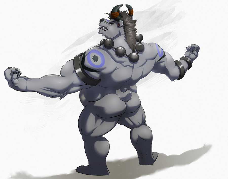 back_turned biceps bovine butt cattle horn hybrid looking_at_viewer looking_back male muscles necklace nude solo taoren