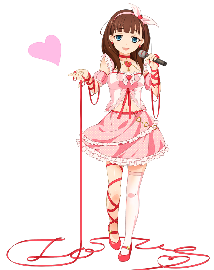 ankle_lace-up blue_eyes brown_hair choker crop_top cross-laced_footwear detached_sleeves earrings hairband headband heart heart_earrings heart_ring idolmaster idolmaster_cinderella_girls jewelry long_hair mary_janes masa_nori microphone navel pink_shirt pink_skirt puffy_detached_sleeves puffy_sleeves red_footwear red_ribbon ribbon sakuma_mayu shirt shoes shoulder_necklace single_thighhigh skirt thighhighs