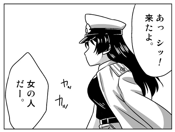 buntaichou comic female_admiral_(kantai_collection) greyscale kantai_collection long_hair monochrome ponytail solo translated