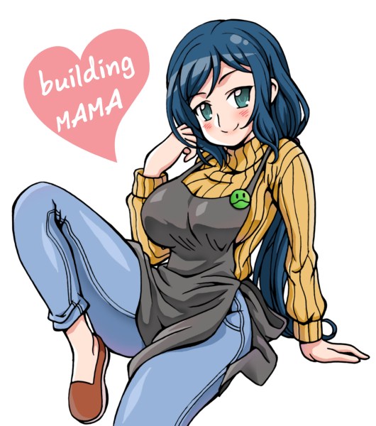 apron badge blue_eyes blue_hair blush breasts button_badge capri_pants denim gundam gundam_build_fighters heart iori_rinko jeans large_breasts long_hair looking_at_viewer lovechui mature no_socks pants ribbed_sweater shoes simple_background sitting smile solo sweater turtleneck white_background