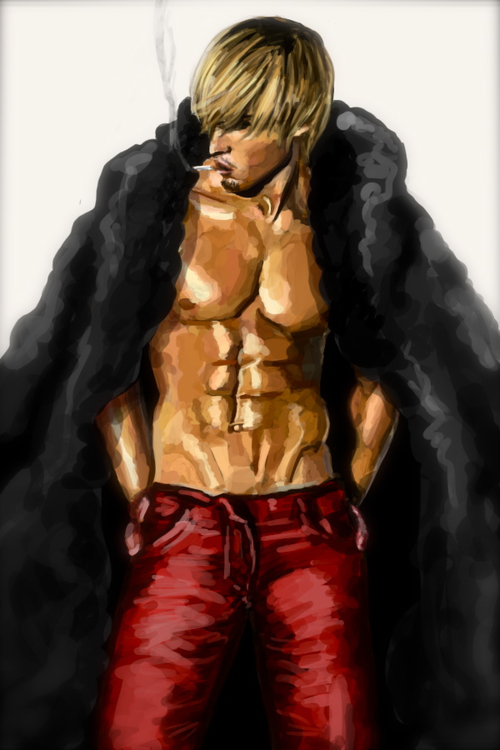 1boy abs blonde_hair fur_jacket jacket_on_shoulders male male_focus muscle one_piece red_pants sanji solo standing topless