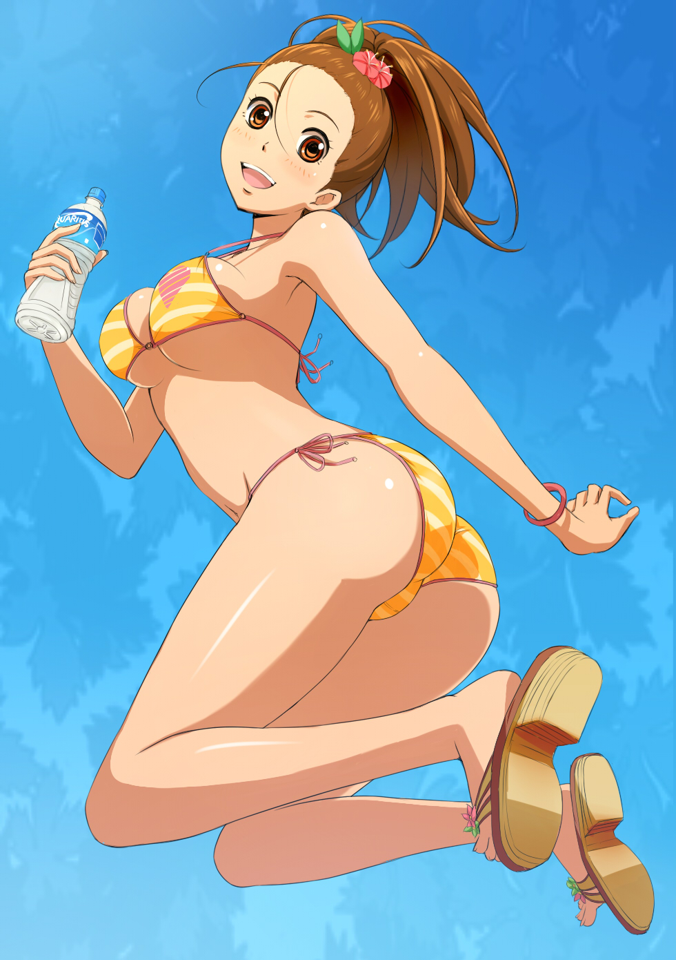 :d aquarius_(drink) arched_back arm_behind_back armpits ass bikini blue_background blush bottle bracelet breasts brown_hair drink feet flower from_side hair_between_eyes hair_flower hair_ornament head_tilt heart heart_print highres holding itou_nonoha jewelry jumping leaf_print long_hair long_toenails looking_at_viewer looking_back medium_breasts navel o-ring o-ring_bikini o-ring_top open_mouth orange_bikini orange_eyes phi_brain_puzzle_of_god print_bikini samidaredou sandals side-tie_bikini sideboob smile solo split_ponytail strap_gap striped striped_bikini swimsuit toenails topknot underboob water_bottle