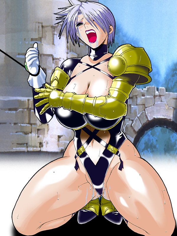 1girl armor artist_request breasts cleavage gloves isabella_valentine kinoko_allstars kneeling large_breasts namco open_mouth pussy_juice short_hair soul_calibur sweat very_short_hair