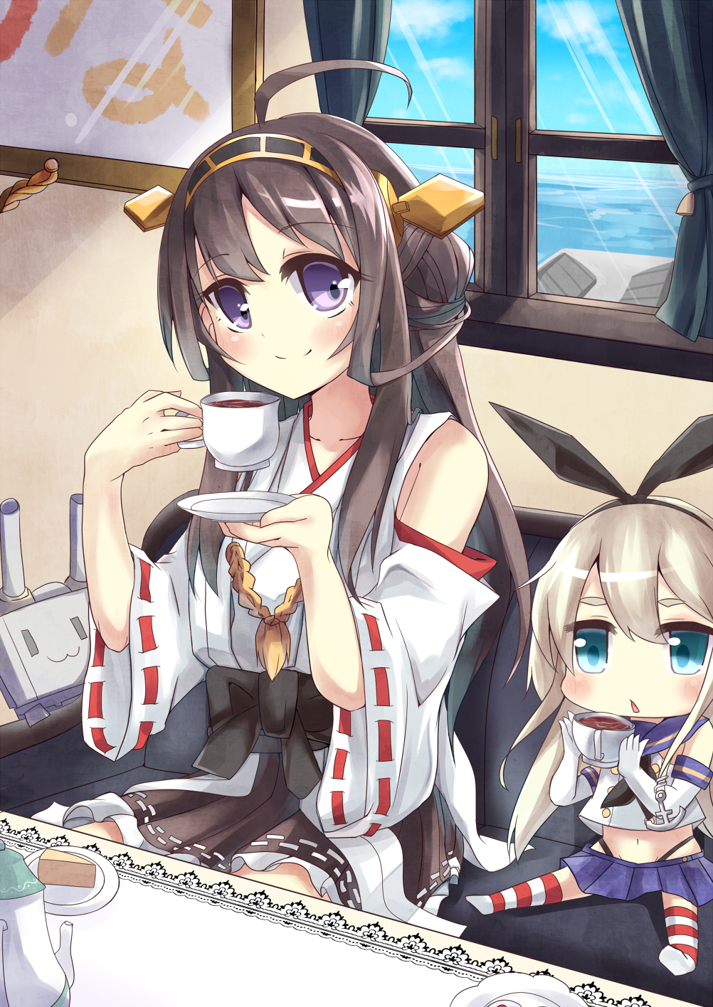 blonde_hair blue_eyes double_bun elbow_gloves gloves hair_ornament hairband headgear highres japanese_clothes kantai_collection kongou_(kantai_collection) long_hair microskirt multiple_girls nontraditional_miko open_mouth pleated_skirt purple_eyes rensouhou-chan ribbon-trimmed_sleeves ribbon_trim shimakaze_(kantai_collection) skirt soramuko striped striped_legwear thighhighs ||_||