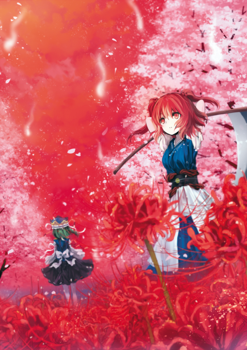 arms_behind_head belt cherry_blossoms dqn_(dqnww) field flower flower_field ghost green_hair hair_bobbles hair_ornament hat hat_ribbon highres long_sleeves multiple_girls onozuka_komachi petals red_eyes red_hair red_sky ribbon sash scythe shiki_eiki shirt short_sleeves skirt sky spider_lily touhou tree two_side_up