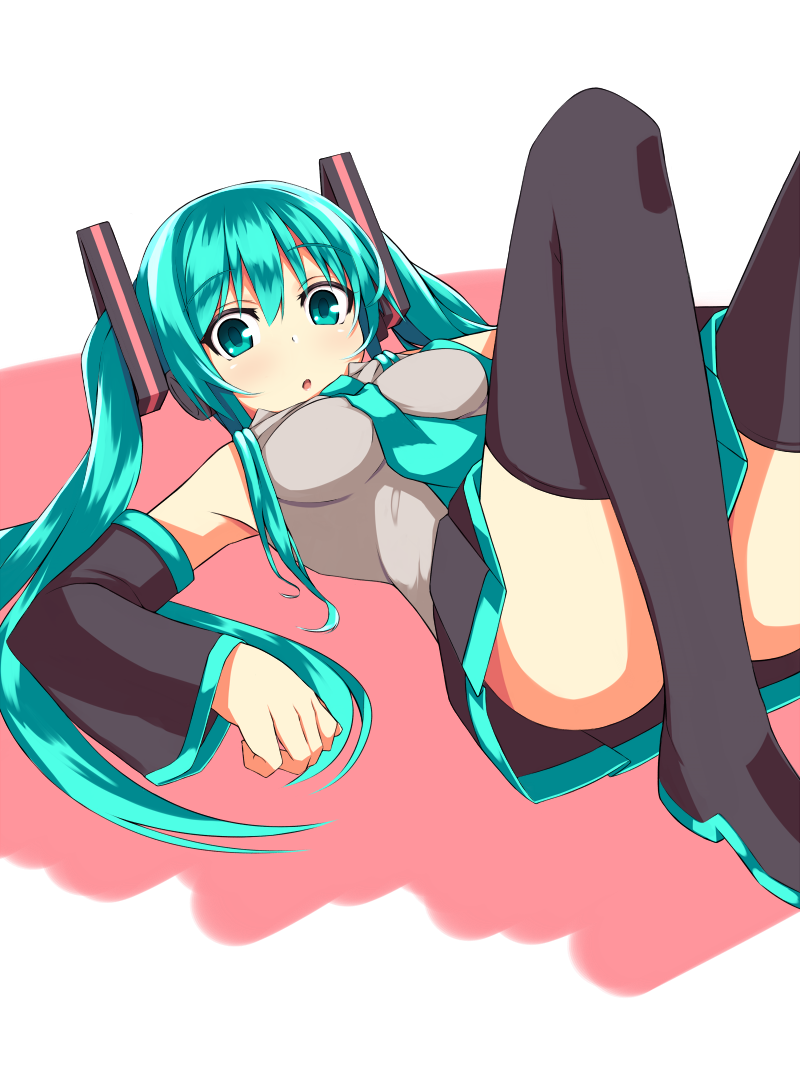 boots detached_sleeves green_eyes green_hair hatsune_miku long_hair lying necktie on_back ponkotsu_(ayarosu) skirt solo thigh_boots thighhighs transparent_background twintails vocaloid