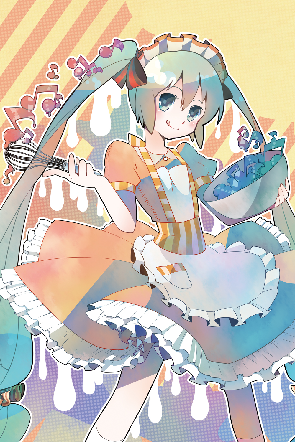 :q beamed_eighth_notes bowl dress eighth_note green_eyes green_hair hatsune_miku headdress highres long_hair musical_note rkp socks solo tongue tongue_out twintails very_long_hair vocaloid whisk