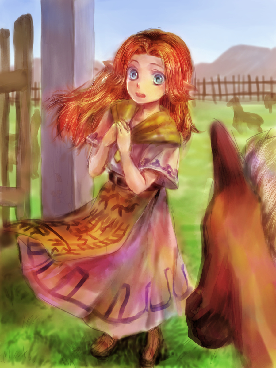 1girl aruba blue_eyes epona highres long_hair malon ocarina_of_time open_mouth red_hair skirt solo solo_focus the_legend_of_zelda the_legend_of_zelda:_ocarina_of_time wind