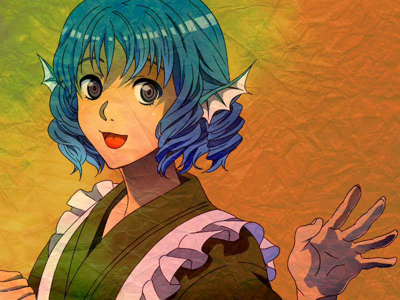 :d blue_hair gojira_(coo) gradient gradient_background grey_eyes head_fins looking_at_viewer multicolored multicolored_background open_mouth short_hair smile solo touhou wakasagihime