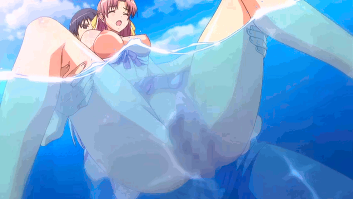 1boy 1girl animated animated_gif aoi_matsuri bikini black_hair bounce bouncing_breasts breasts censored eyes_closed hair_ribbon held_up large_breasts legs_held_open legs_up long_hair outdoors penis pink_hair pussy reverse_suspended_congress ribbon sex short_hair swimsuit swimsuit_aside tropical_kiss water