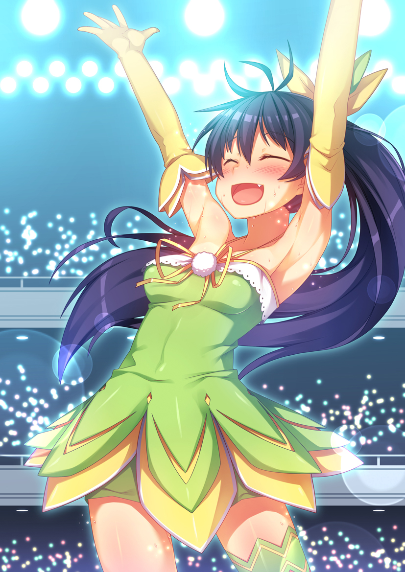 :d ^_^ antenna_hair armpits arms_up black_hair blush breasts closed_eyes elbow_gloves fang ganaha_hibiki gloves happy idolmaster idolmaster_(classic) lens_flare long_hair medium_breasts open_mouth ponytail racer_(magnet) smile solo sweat vital_sunflower