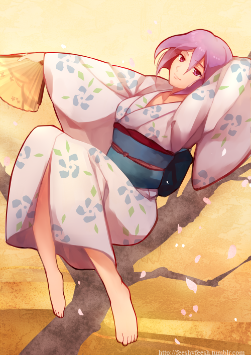 barefoot benten-sama_(uchouten_kazoku) cherry_blossoms fan feesh japanese_clothes kimono obi purple_eyes purple_hair sash uchouten_kazoku