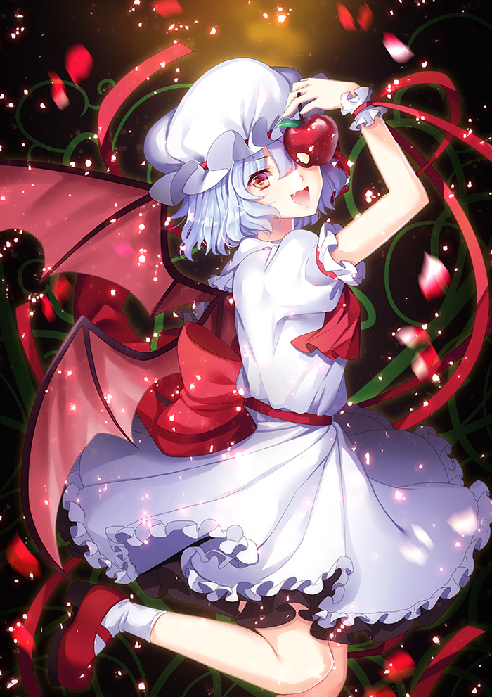 apple arm_up ascot bad_id bad_pixiv_id bat_wings blue_hair dress fang food fruit hat light_particles looking_at_viewer mob_cap open_mouth petals philomelalilium pink_eyes puffy_sleeves red_footwear remilia_scarlet sash shoes short_sleeves smile solo touhou white_dress wings wrist_cuffs