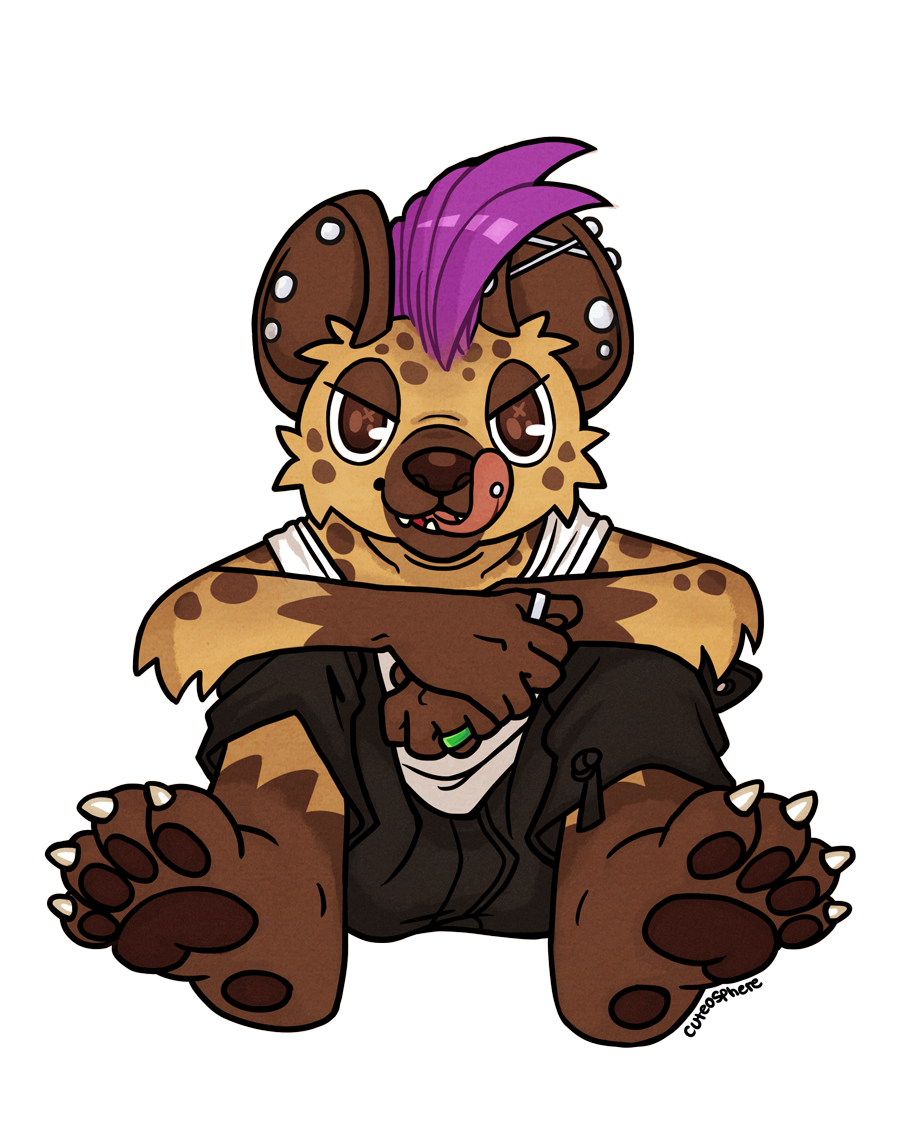 brown_eyes claws clothing cuteosphere ear_piercing hair hindpaw hyena pants pawpads paws piercing purple_hair spots tongue tongue_out tongue_piercing