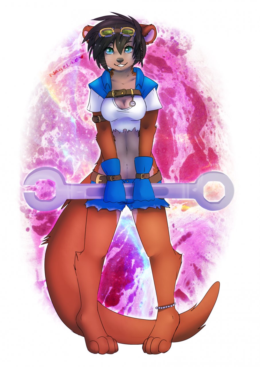 anklet armband belt blue_eyes brown_fur buckle cleavage clothed clothing crop_top cute denim_shorts eyewear female fur gloves goggles hair looking_at_viewer mammal mustelid nayel-ie otter shorts skimpy smile solo standing watch whiskers wrench