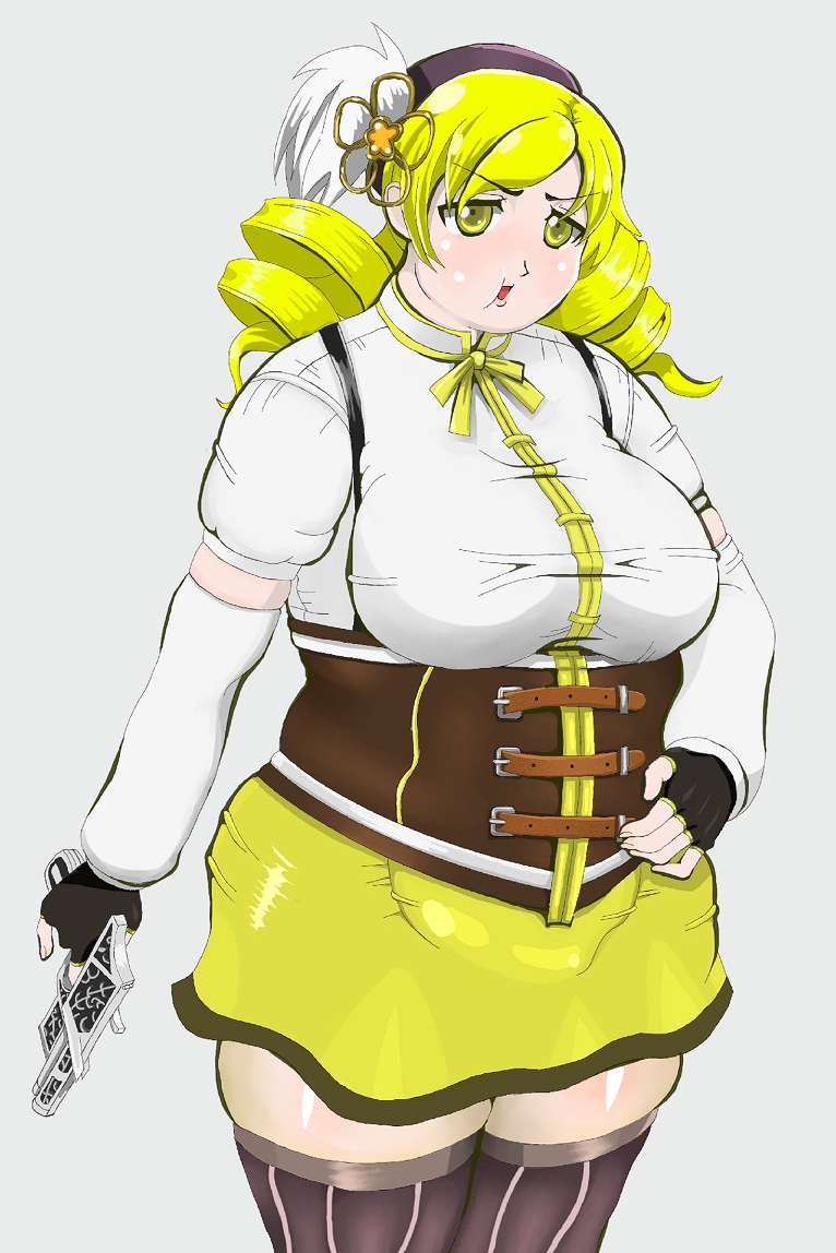 1girl blonde_hair breasts drill_hair fat female gun hair_ornament kaizokugosaku large_breasts mahou_shoujo_madoka_magica miniskirt open_mouth plump short_skirt simple_background skirt solo suspenders thighhighs tomoe_mami weapon white_background wide_hips yellow_eyes yellow_skirt