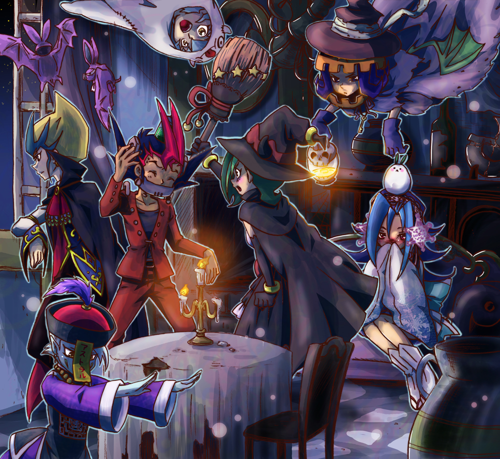 5boys angry astral_(yuu-gi-ou_zexal) bangle bangs bat beads bell blonde_hair blue_hair blush blush_stickers bolt bow bracelet breasts broom brother_and_sister brothers bunny candle candlestand cape chair clenched_hand closed_eyes cosplay couch covering covering_mouth duel_monster earrings elbow_gloves everyone facial_mark floating ghostrick_alucard ghostrick_alucard_(cosplay) ghostrick_jiangshi ghostrick_jiangshi_(cosplay) ghostrick_lantern ghostrick_lantern_(cosplay) ghostrick_specter ghostrick_specter_(cosplay) ghostrick_stein ghostrick_stein_(cosplay) ghostrick_witch ghostrick_witch_(cosplay) ghostrick_yuki-onna ghostrick_yuki-onna_(cosplay) gloves green_hair hairband hat hat_feather indoors jack-o'-lantern jewelry kamishiro_rio kamishiro_ryouga lantern light_particles long_hair long_sleeves looking_at_another looking_at_viewer mari-mon mask mizuki_kotori_(yuu-gi-ou_zexal) multicolored_hair multiple_boys multiple_girls night night_sky nose_blush ofuda open_window outline outstretched_arms pale_skin pants pointy_ears pumpkin purple_hair red_eyes red_hair sandals short_hair siblings sidelocks sitting skull sky sleeves_past_wrists small_breasts snowflakes standing star star_(sky) starry_sky table tenjou_haruto tenjou_kaito tongue tsukumo_yuuma two-tone_hair upside-down vase wide_sleeves window wings witch_hat yuu-gi-ou yuu-gi-ou_zexal