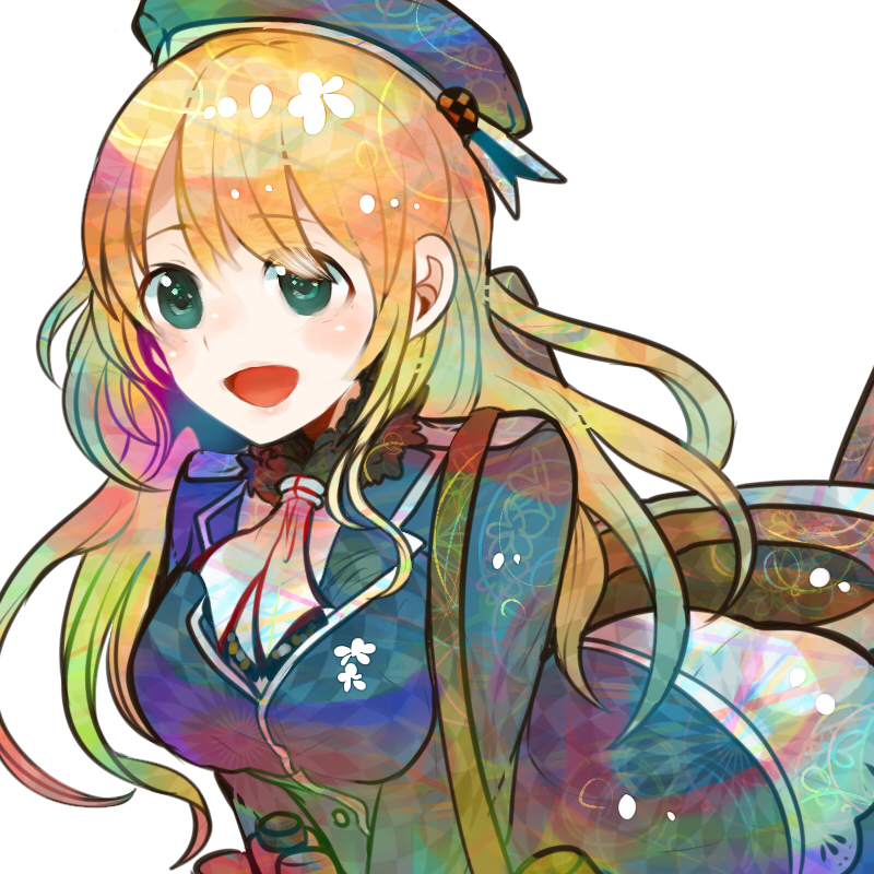 :d atago_(kantai_collection) blonde_hair breasts green_eyes hat itomugi-kun kantai_collection large_breasts long_hair military military_uniform open_mouth smile solo uniform white_background
