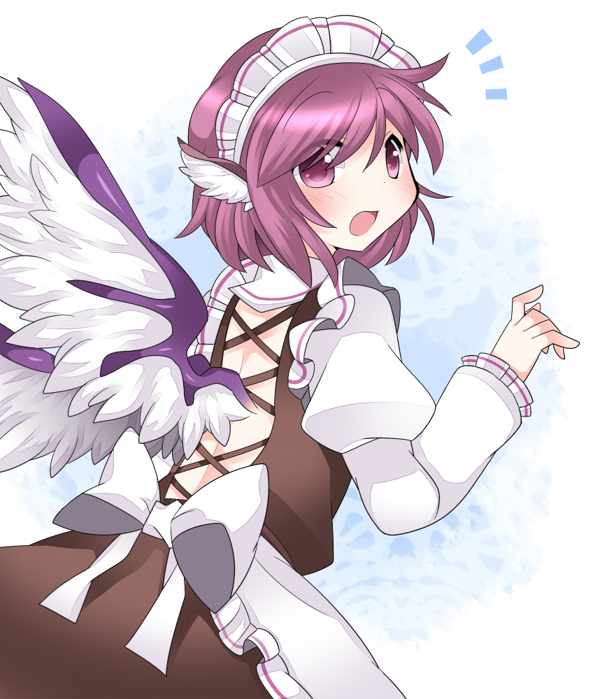 1girl alternate_costume animal_ears apron bird_wings blush bow d: enmaided from_behind hammer_(sunset_beach) juliet_sleeves long_sleeves looking_at_viewer looking_back maid maid_headdress mystia_lorelei open_mouth pink_eyes pink_hair puffy_sleeves short_hair solo surprised touhou waist_apron wings