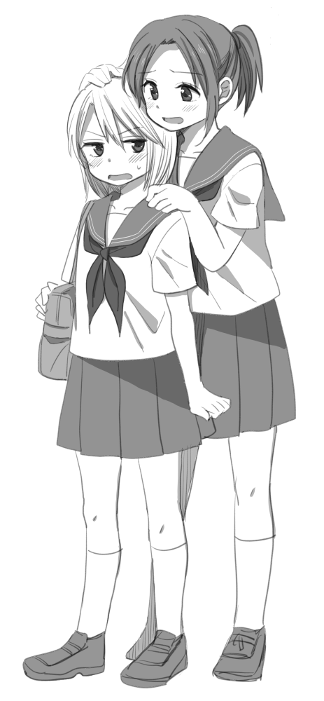 bag blush full_body greyscale hachiko_(hati12) hand_on_another's_head hand_on_another's_shoulder head_on_head kneehighs loafers looking_at_viewer monochrome multiple_girls original pleated_skirt ponytail sailor_collar school_bag school_uniform serafuku shoes short_hair short_sleeves simple_background skirt standing sweatdrop wavy_mouth white_background yuri