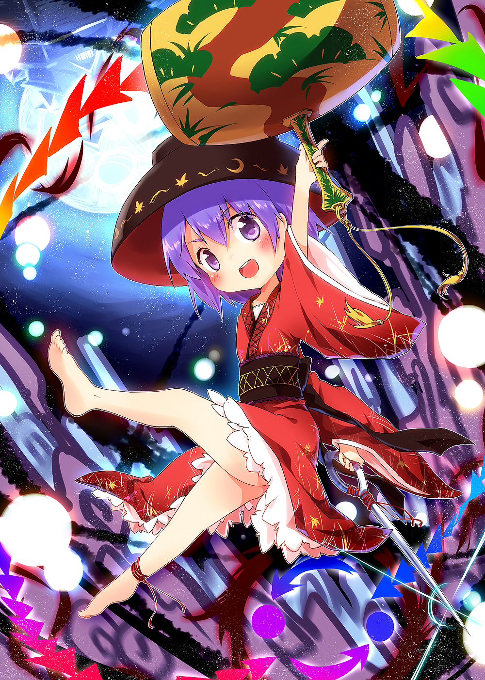 ankle_ribbon arm_up ayakashi_(monkeypanch) bare_legs barefoot blush bowl full_moon hammer hat highres holding_needle japanese_clothes kimono long_sleeves looking_at_viewer miracle_mallet moon needle night obi open_mouth purple_eyes purple_hair ribbon sash sky smile solo sukuna_shinmyoumaru touhou wide_sleeves