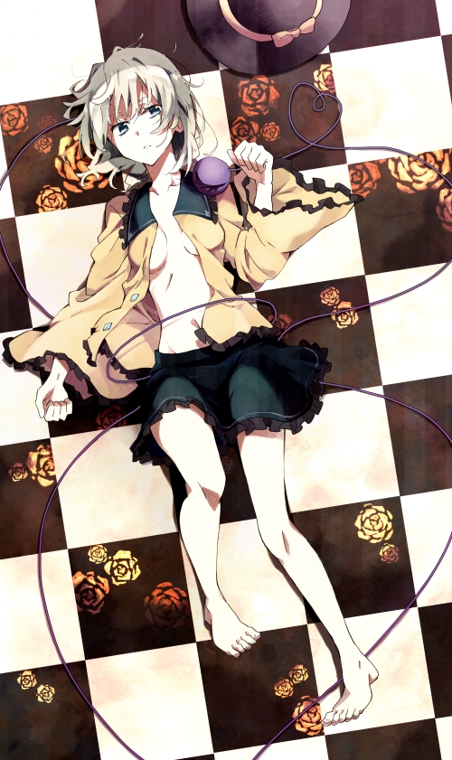 alternate_eye_color bare_legs barefoot black_eyes blouse breasts checkered checkered_floor cleavage flower frills hat hat_removed headwear_removed heart heart_of_string komeiji_koishi medium_breasts miniskirt navel no_bra open_clothes rose sad silver_hair skirt slender solo third_eye touhou tsukugu wide_sleeves